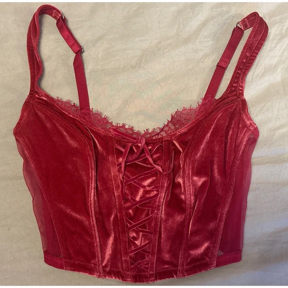 Victoria's Secret Dark‎ Pink Velour Lace Up Corset Bustier Top Small DD Y2K